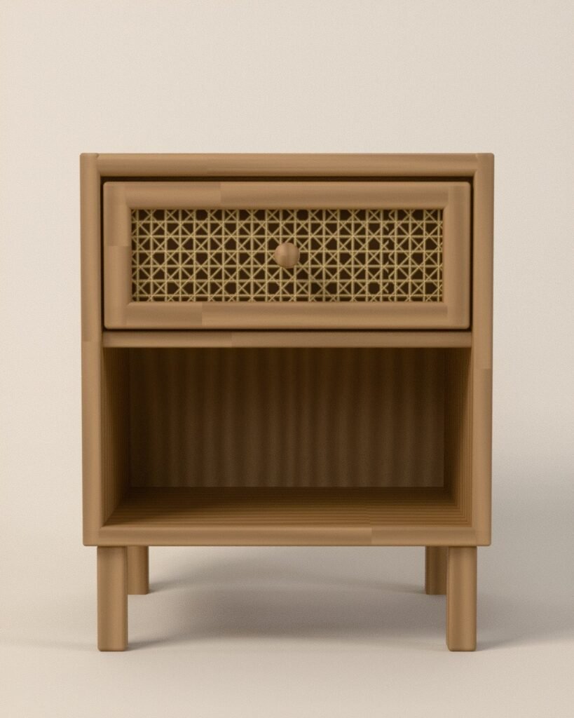 Alston oak and cane bedside table, oak, woven cane, front view