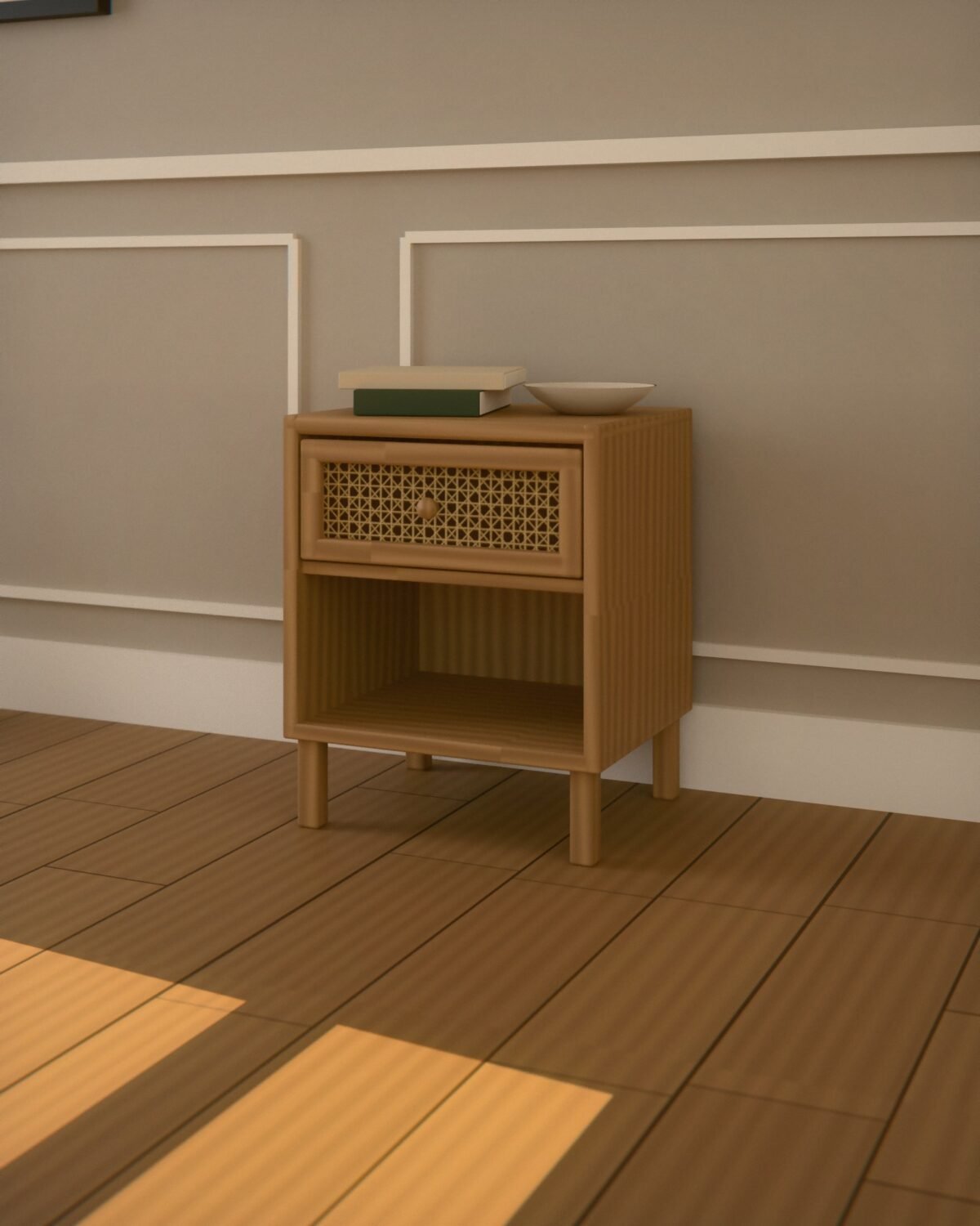 Alston oak and cane bedside table, oak, woven cane, in a room