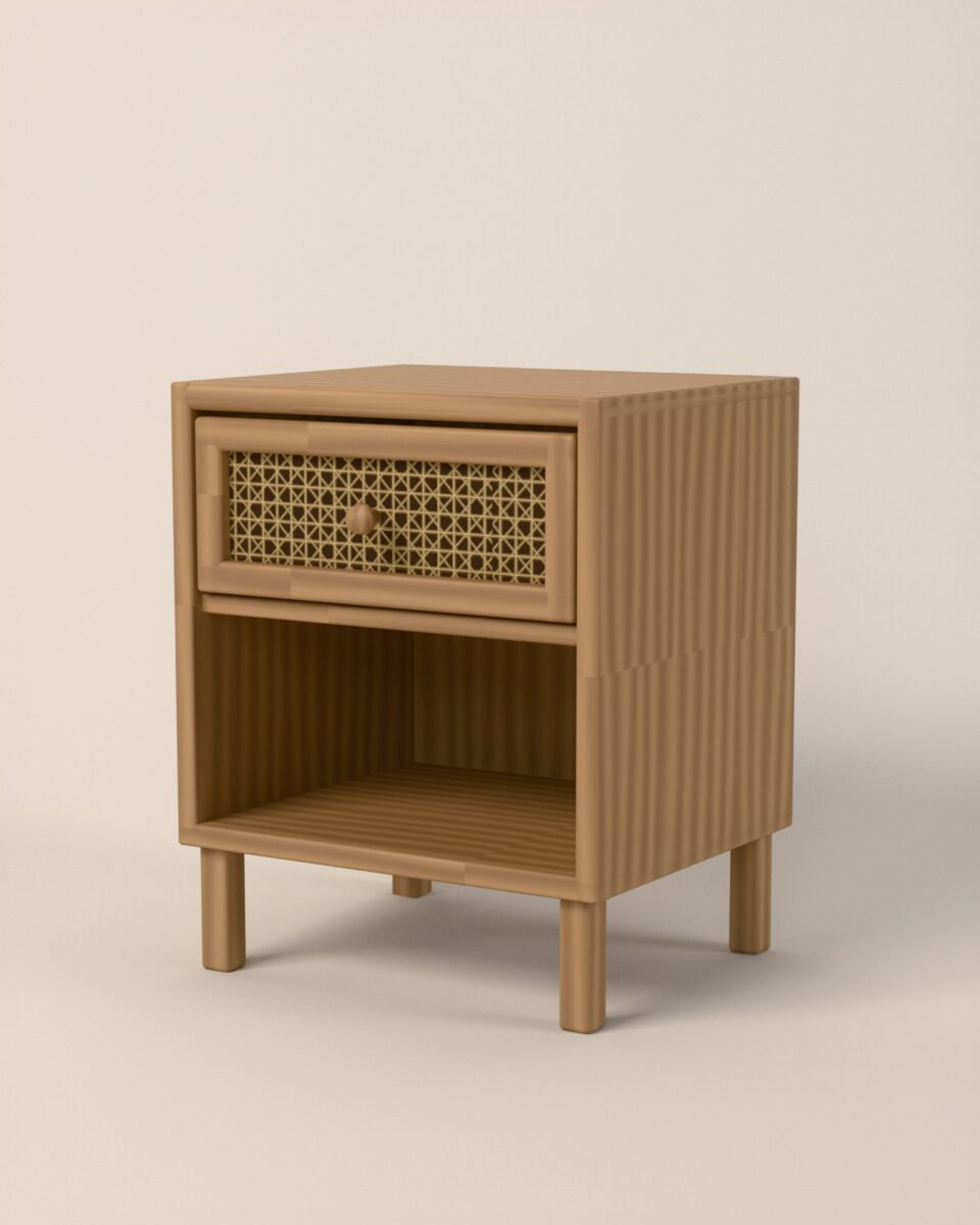 Alston oak and cane bedside table, oak, woven cane, three-quarter view