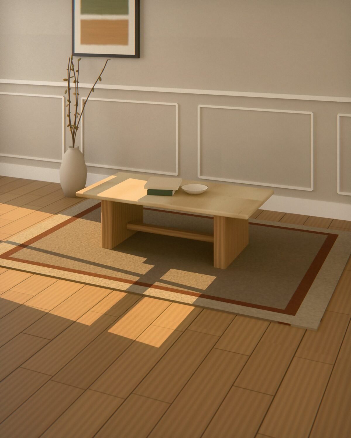 Ambleside oak and travertine coffee table, travertine, oak, in a room