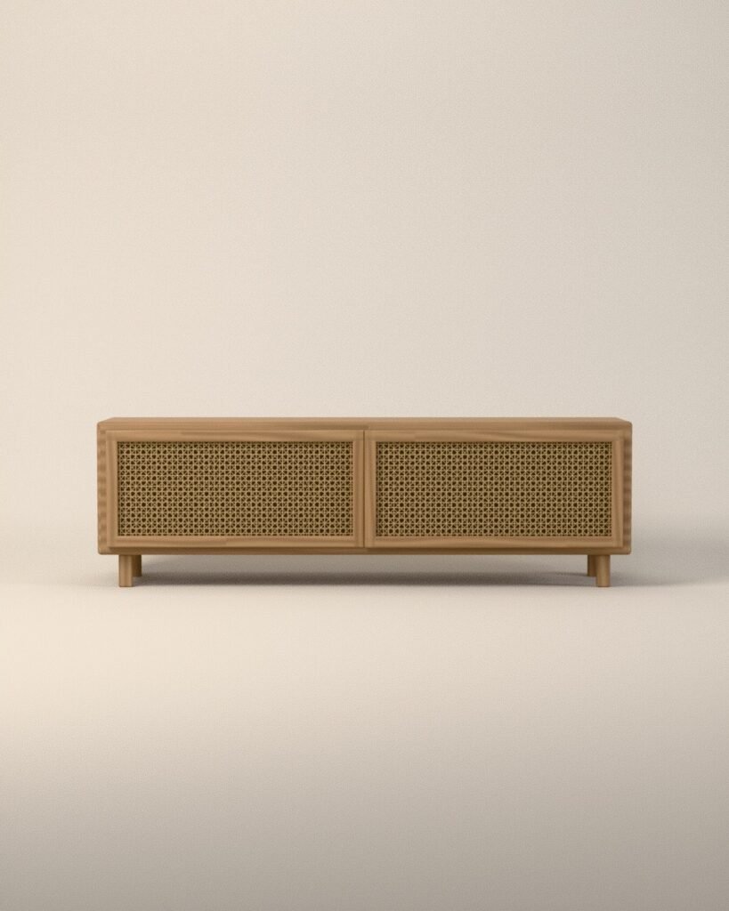 Coniston oak and cane media unit, oak, woven cane, front view