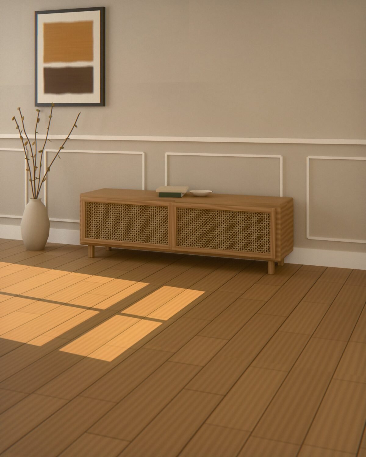Coniston oak and cane media unit, oak, woven cane, in a room