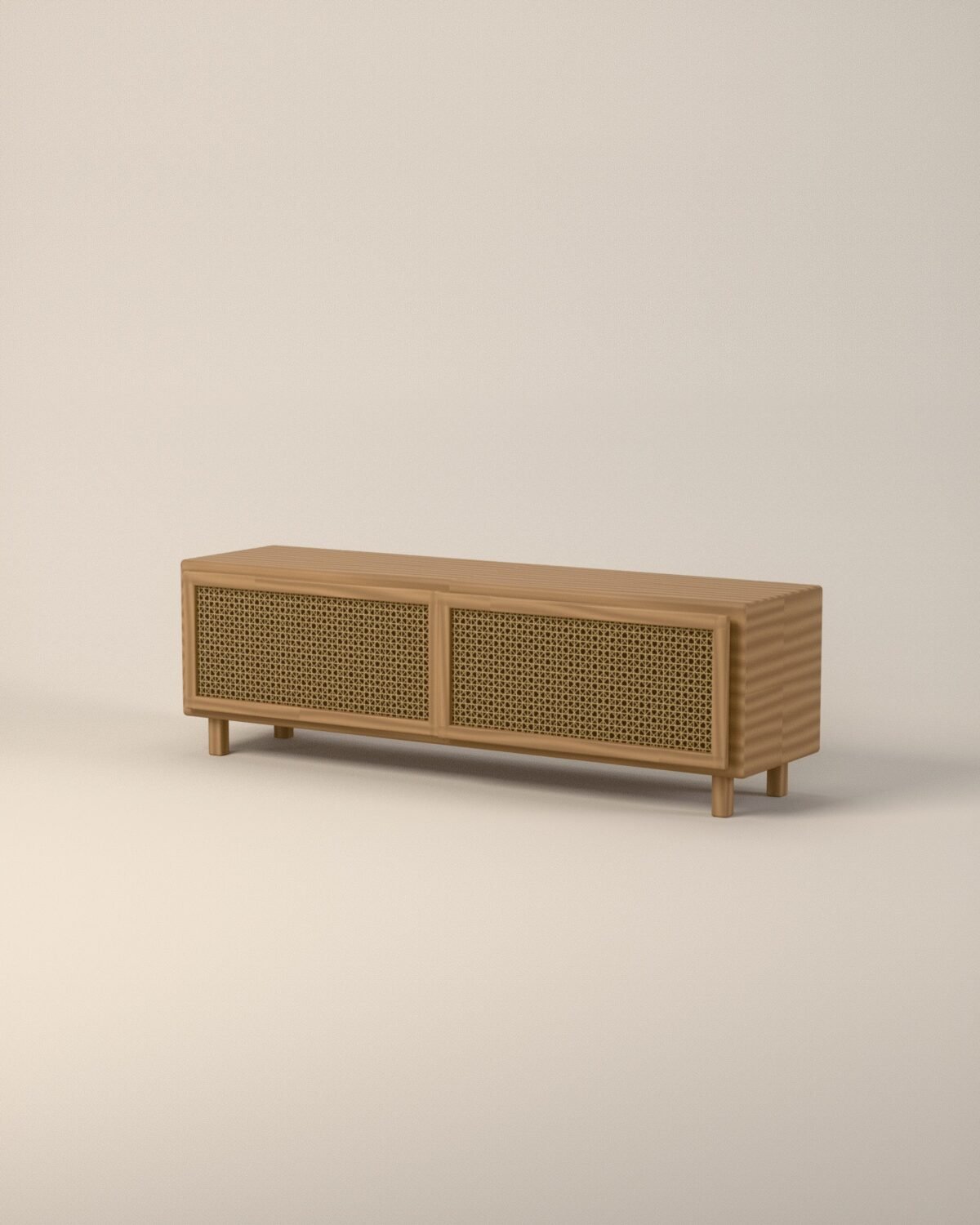 Coniston oak and cane media unit, oak, woven cane, three-quarter view