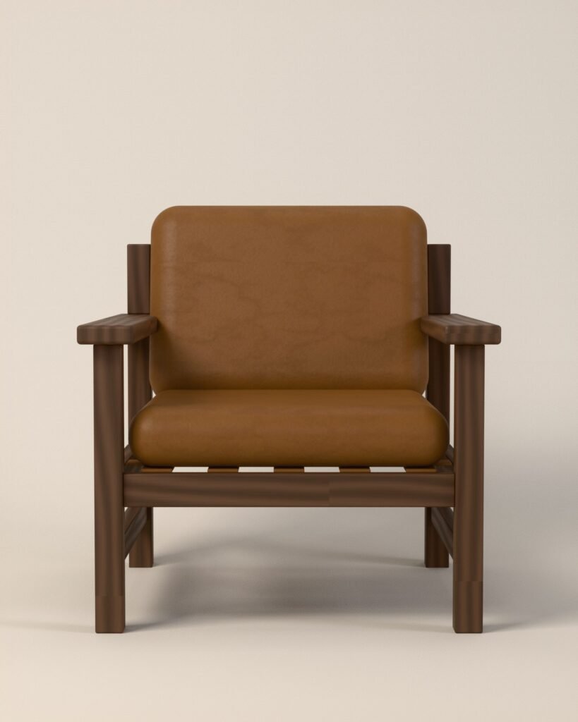Halden lounge chair, oak frame, leather cushions, front view
