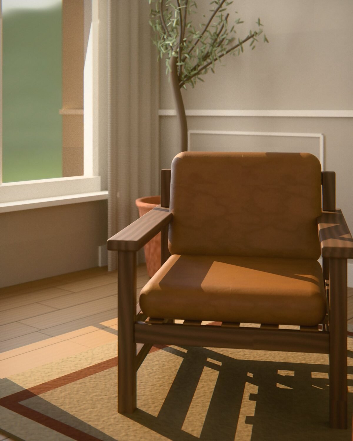 Halden lounge chair, oak frame, leather cushions, in a room