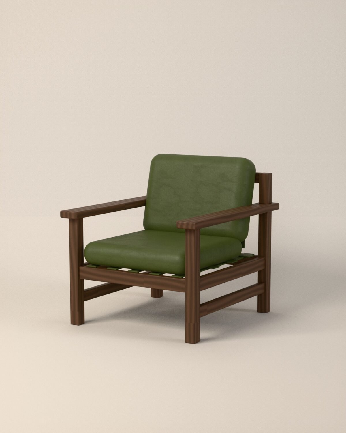 Halden lounge chair, oak frame, leather cushions, in moss