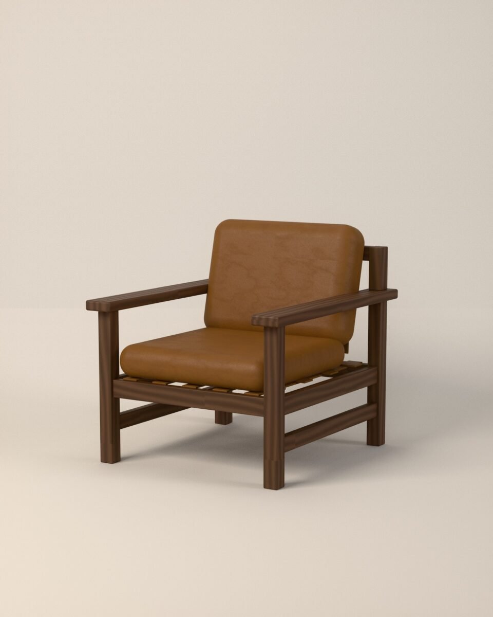 Halden lounge chair, oak frame, leather cushions, three-quarter view