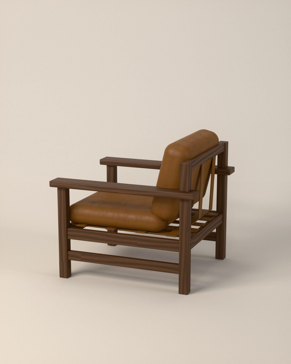 Halden lounge chair, oak frame, leather cushions, view from behind