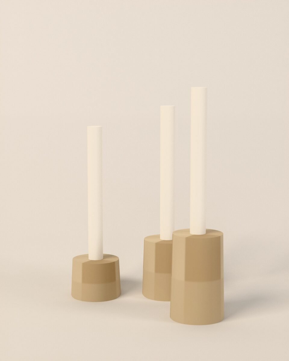 Hebden travertine candle holders, set of three, travertine, three-quarter view