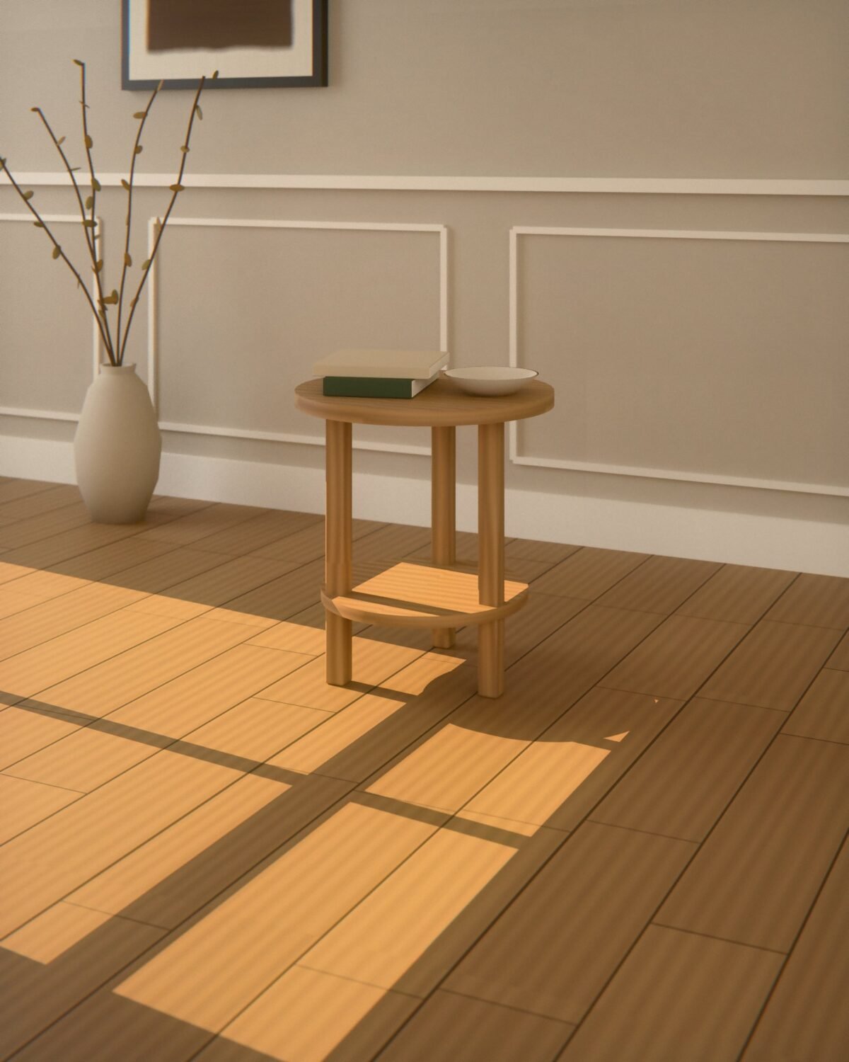 Hexham round oak side table, solid oak, in a room