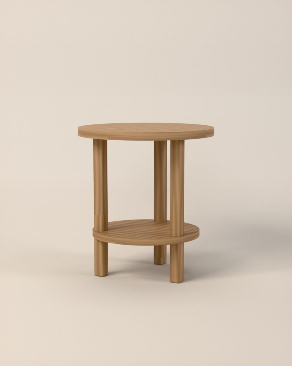 Hexham round oak side table, solid oak, three-quarter view
