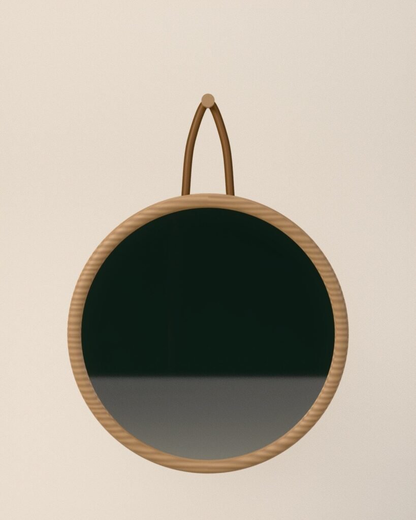 Ilkley round mirror on leather strap, oak, leather, glass, front view