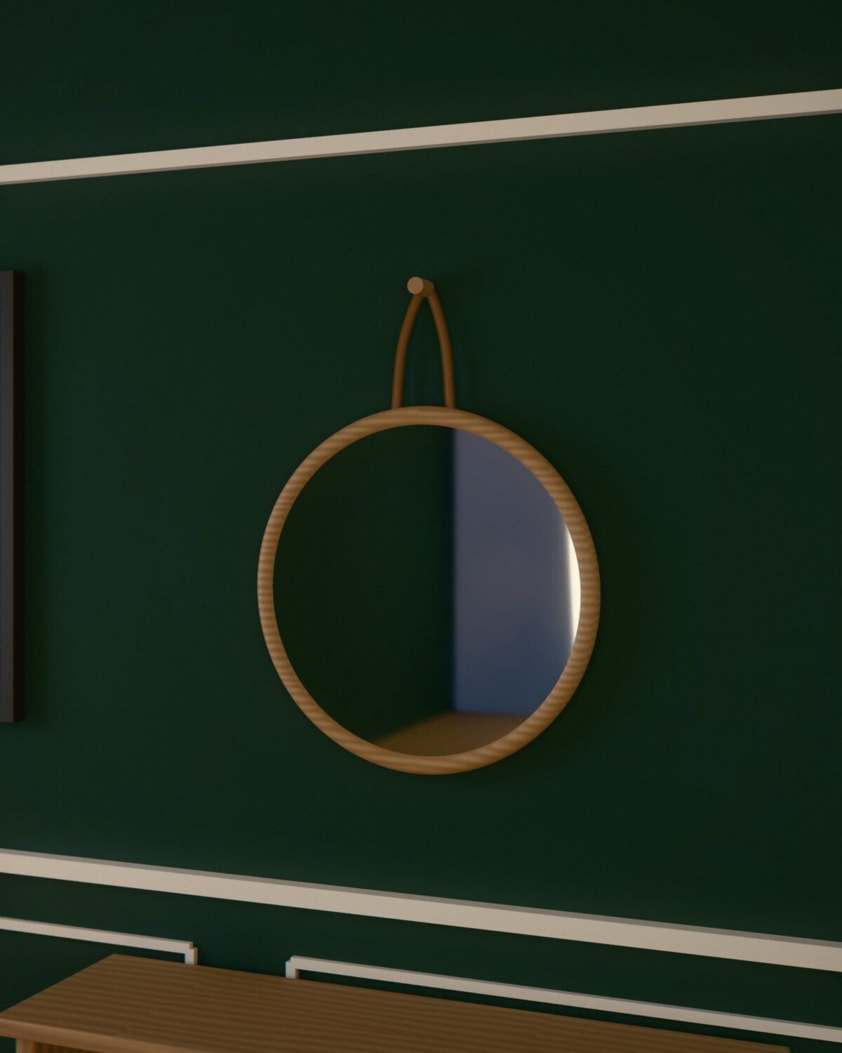 Ilkley round mirror on leather strap, oak, leather, glass, in a room