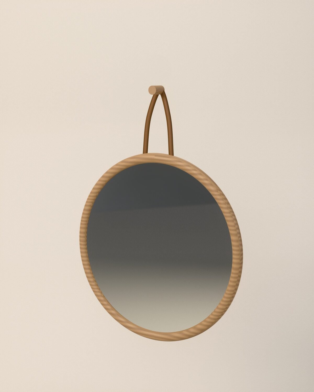 Ilkley round mirror on leather strap, oak, leather, glass, three-quarter view
