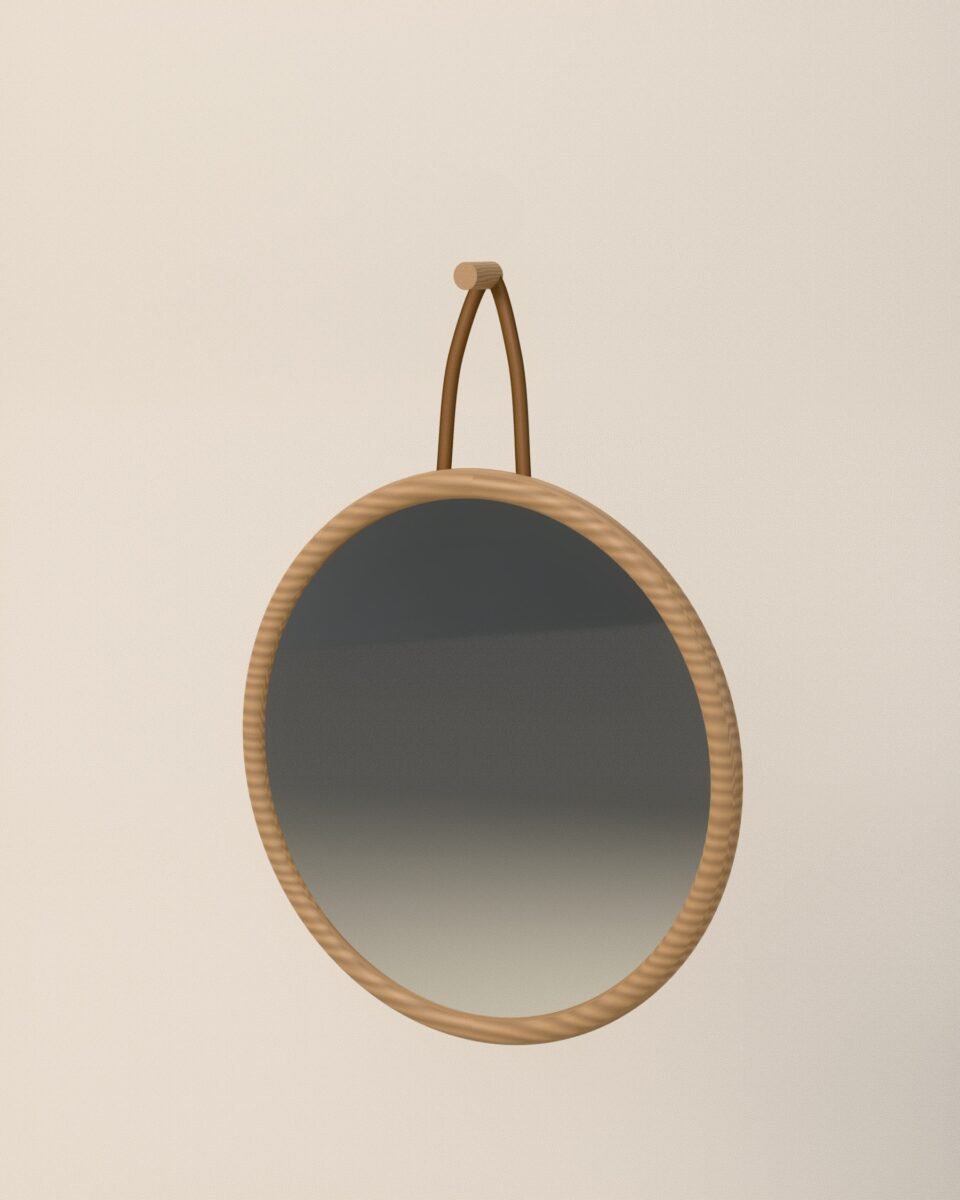 Ilkley round mirror on leather strap, oak, leather, glass, three-quarter view