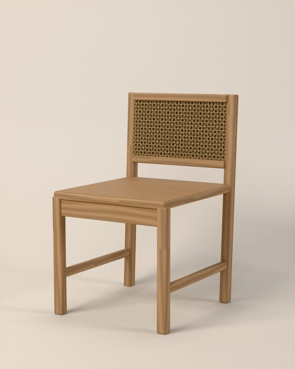 Kelso cane-back dining chair, oak, woven cane, three-quarter view