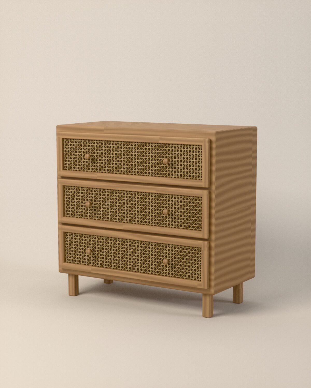 Keswick oak and cane chest of drawers, oak, woven cane, three-quarter view