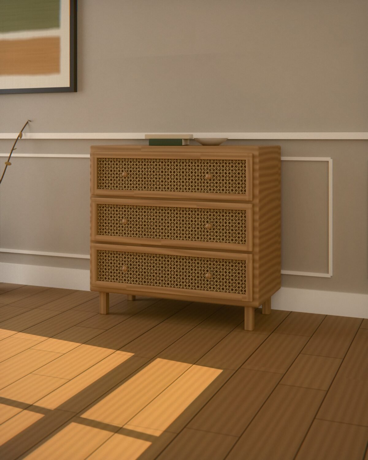 Keswick oak and cane chest of drawers, oak, woven cane, in a room
