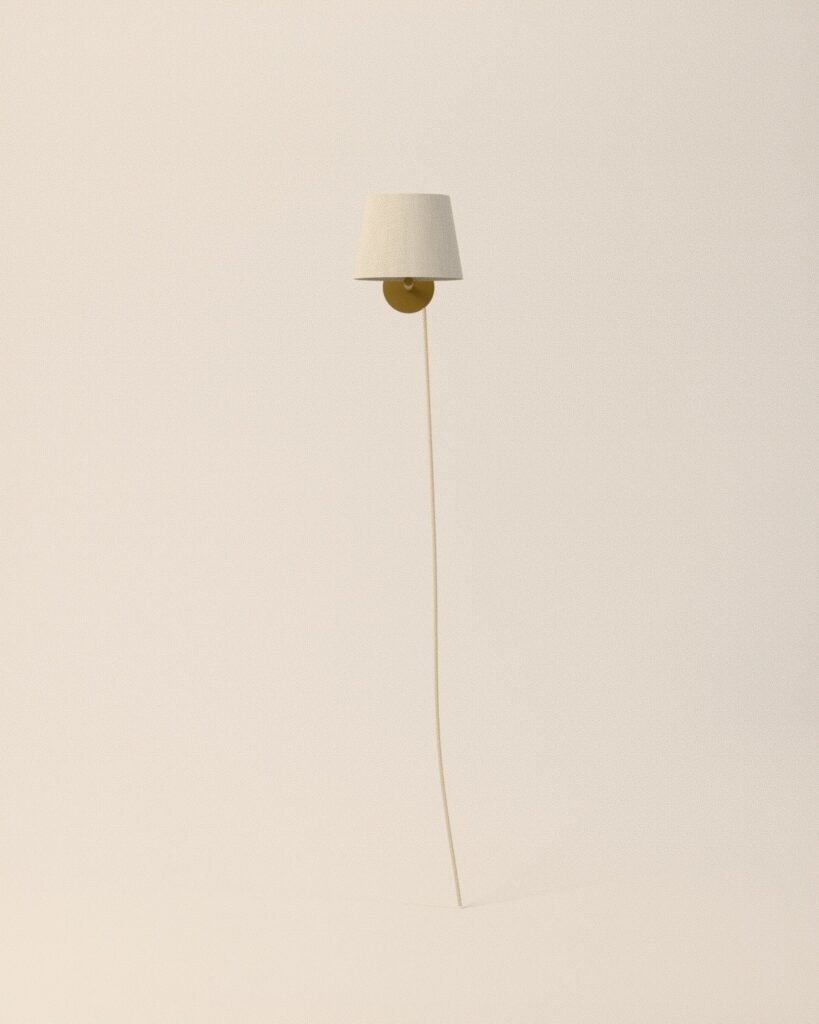 Malham plug-in wall light, brass or oak, linen, front view