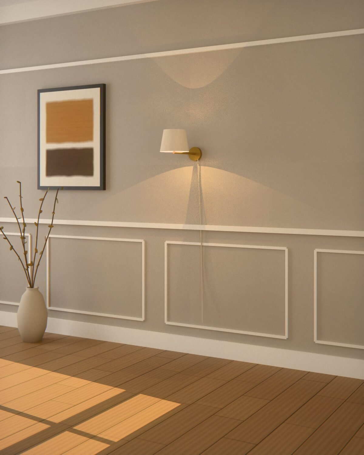 Malham plug-in wall light, brass or oak, linen, in a room