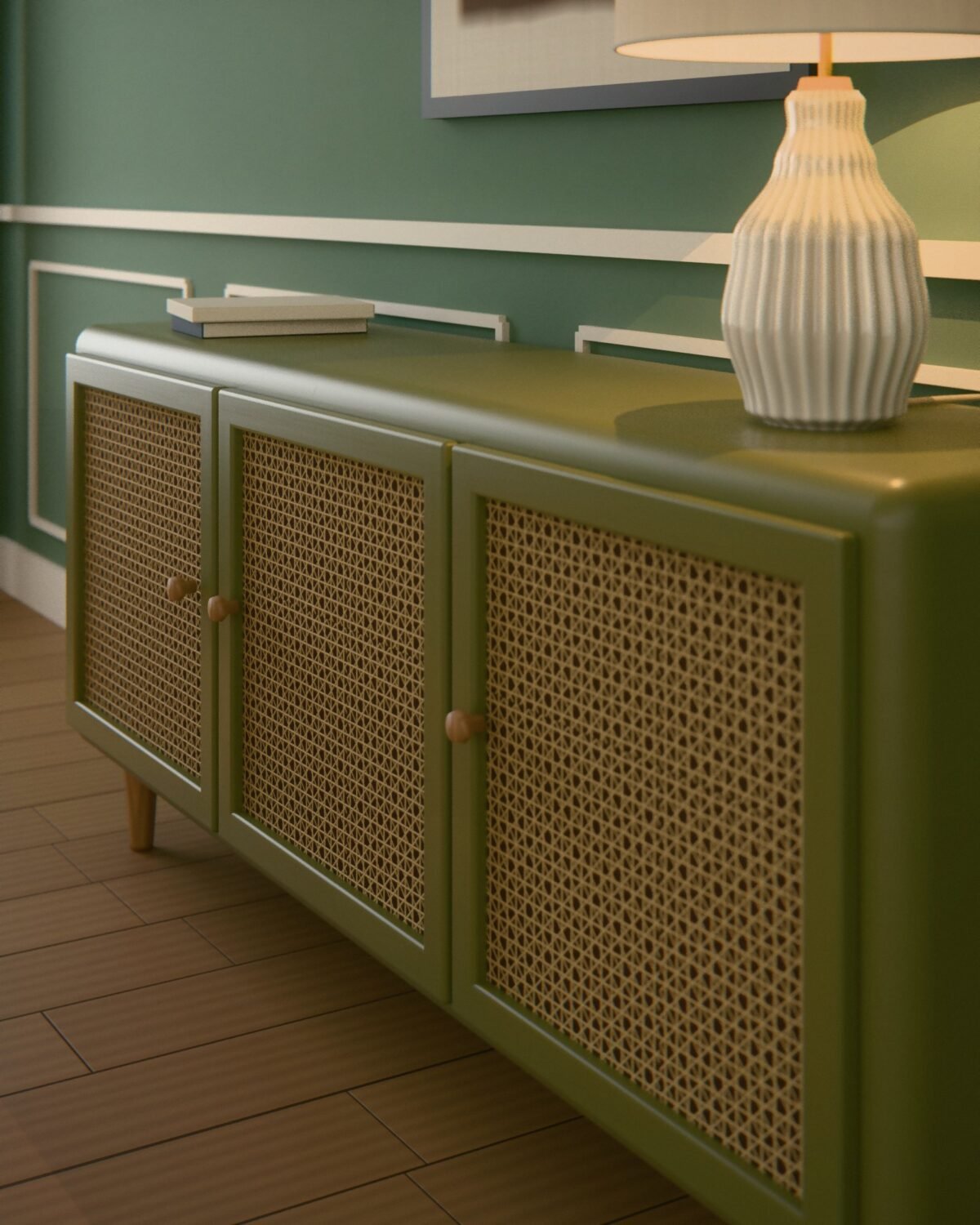 Marlow cane sideboard, lacquered ash, woven cane, in a room