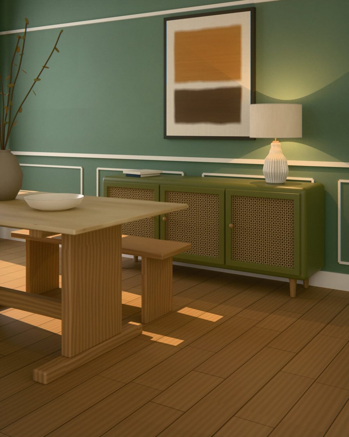 Marlow cane sideboard, lacquered ash, woven cane, in a wider room view