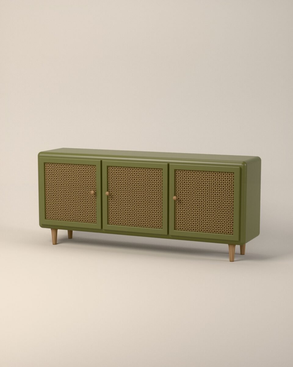Marlow cane sideboard, lacquered ash, woven cane, three-quarter view