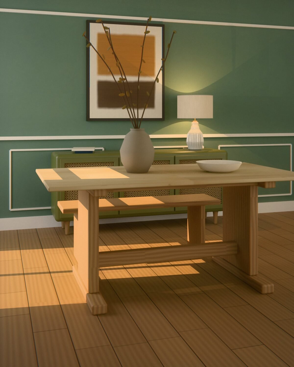 Rennick extending dining table, sintered stone, oak, in a wider room view