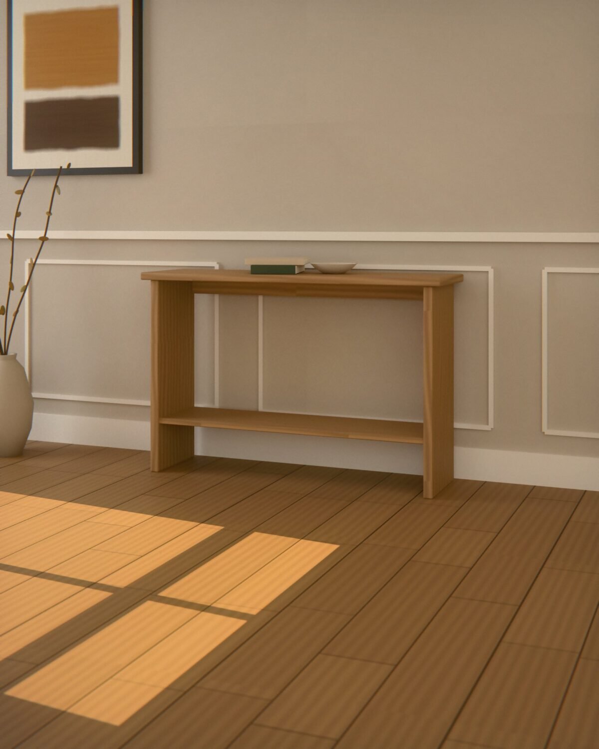 Ripley oak console table, solid oak, in a room