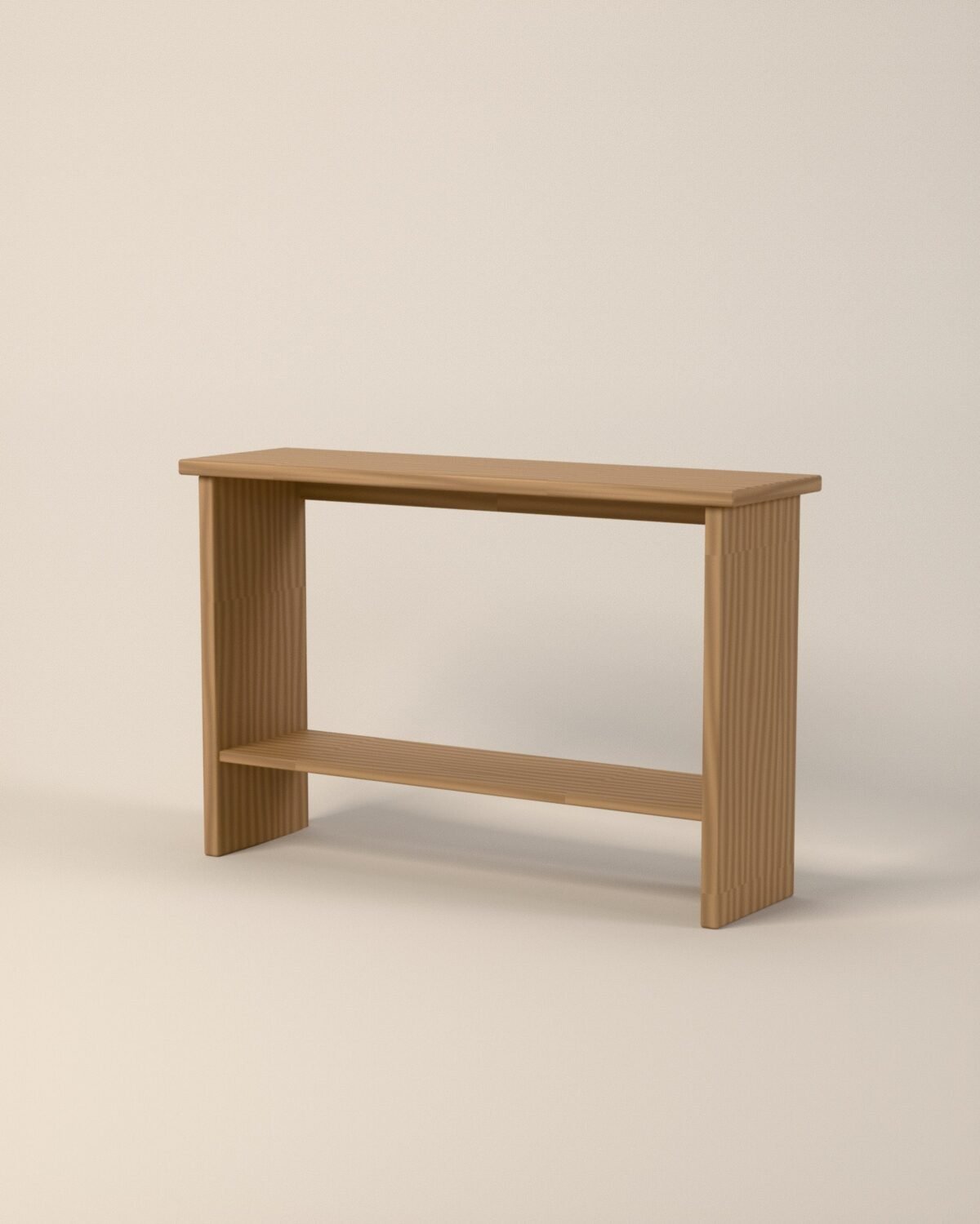 Ripley oak console table, solid oak, three-quarter view
