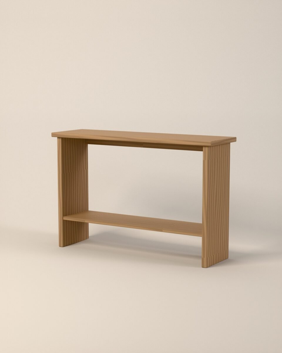 Ripley oak console table, solid oak, three-quarter view