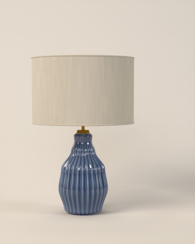 Saltaire ceramic table lamp, ribbed stoneware, linen, front view