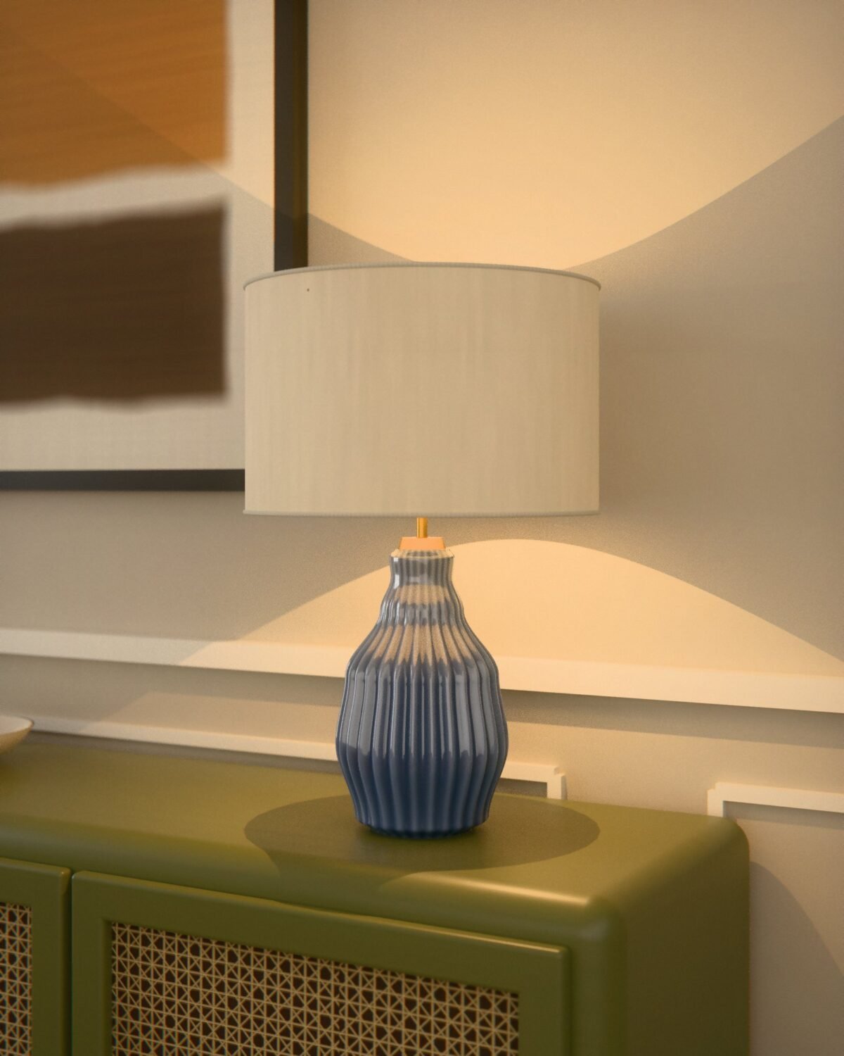 Saltaire ceramic table lamp, ribbed stoneware, linen, in a room