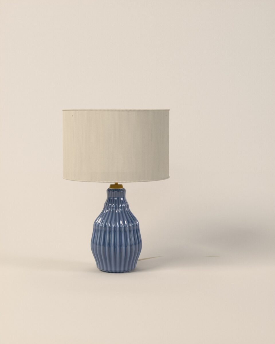 Saltaire ceramic table lamp, ribbed stoneware, linen, three-quarter view