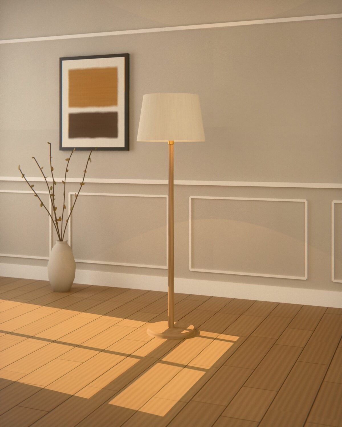 Thirsk oak floor lamp, oak, linen, in a room