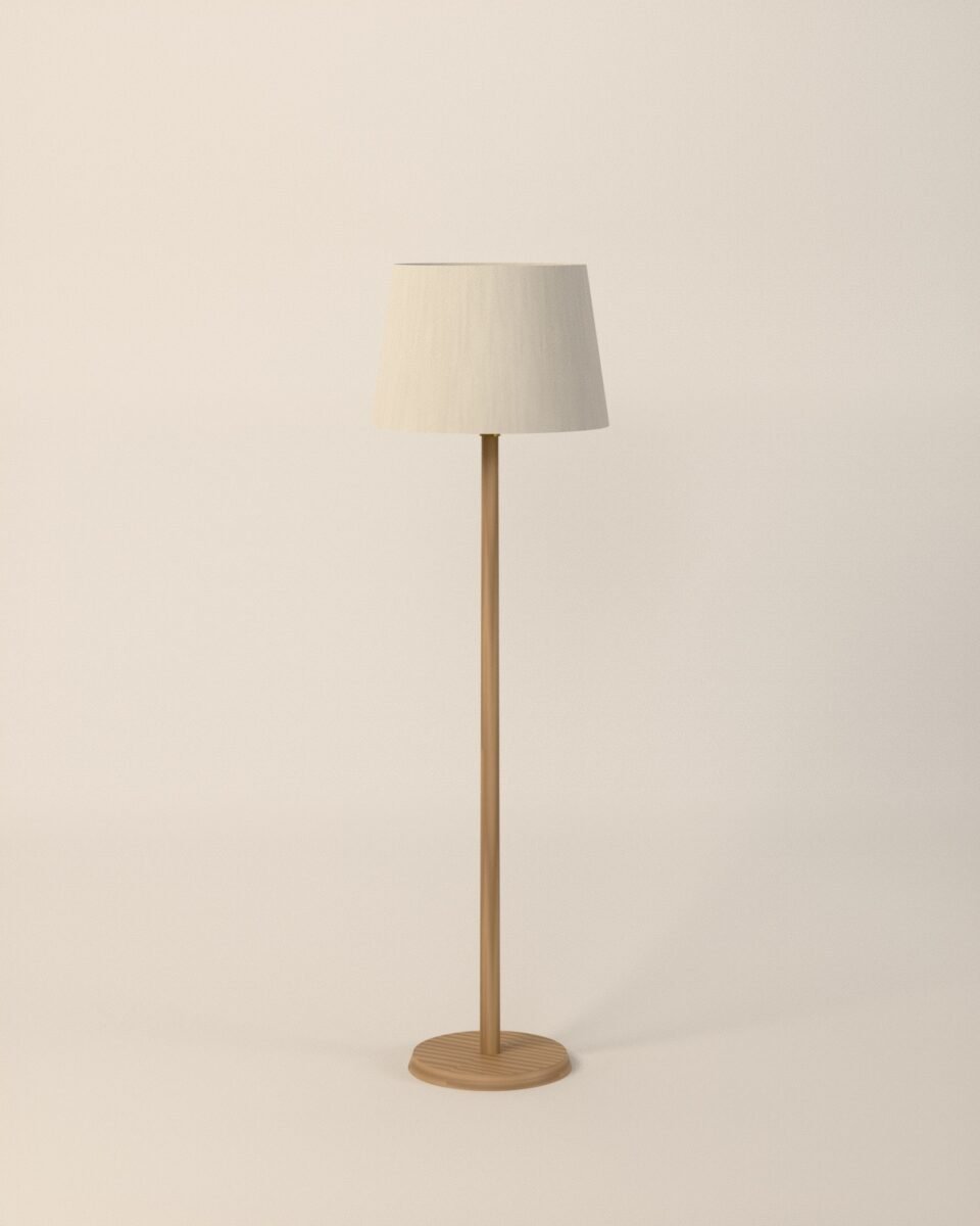 Thirsk oak floor lamp, oak, linen, three-quarter view