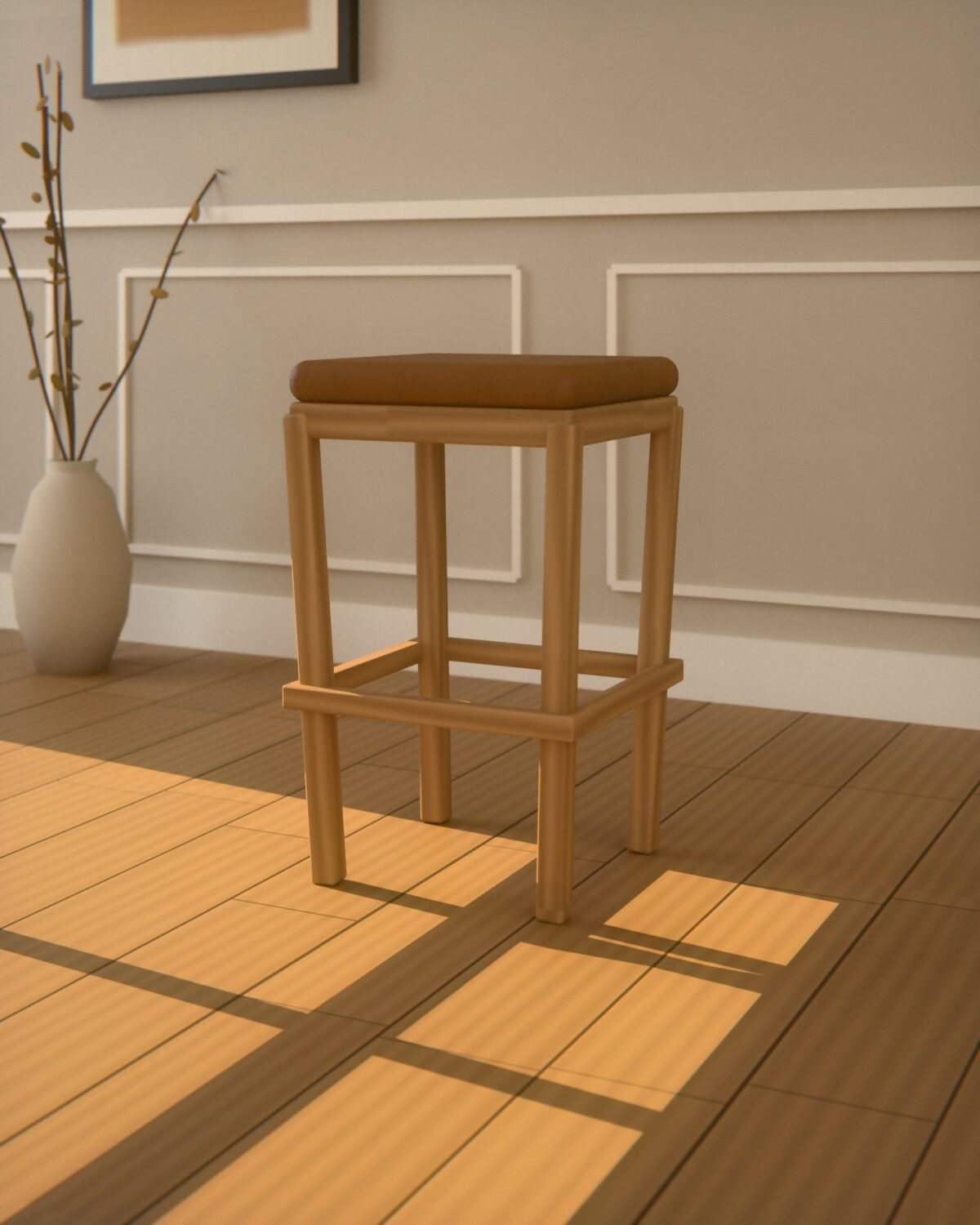 Thornby oak and leather stool, oak, leather seat, in a room