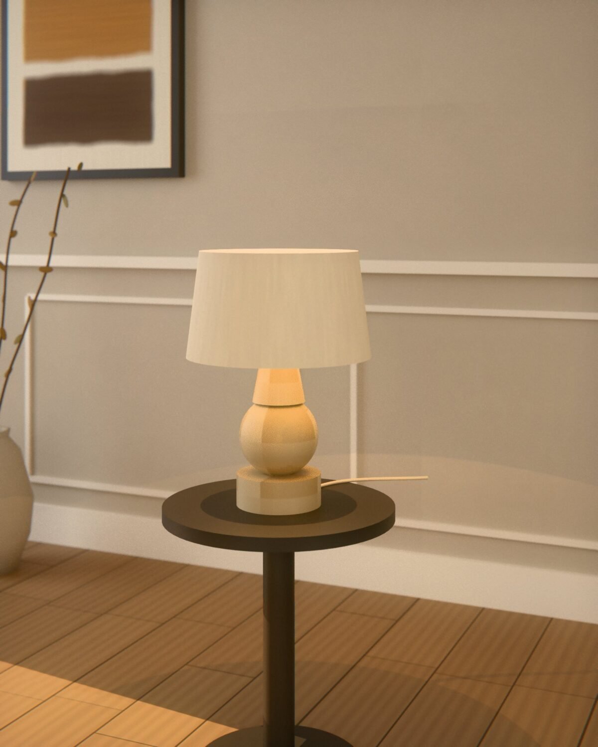 Whitby travertine table lamp, travertine, linen, in a room